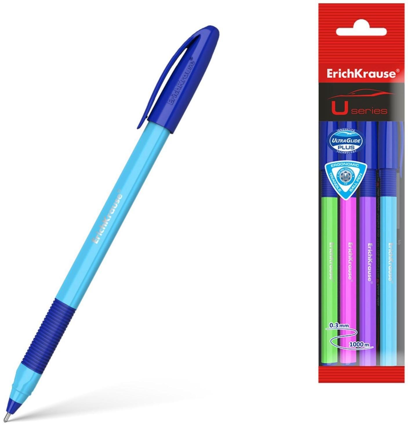 Набор ручек шариковых ErichKrause U-109 Neon Stick&Grip, 4 штуки, игольчатый узел 1.0 мм, цвет чернил синий, супермягкое письмо, резиновый упор, корпус неоновый микс