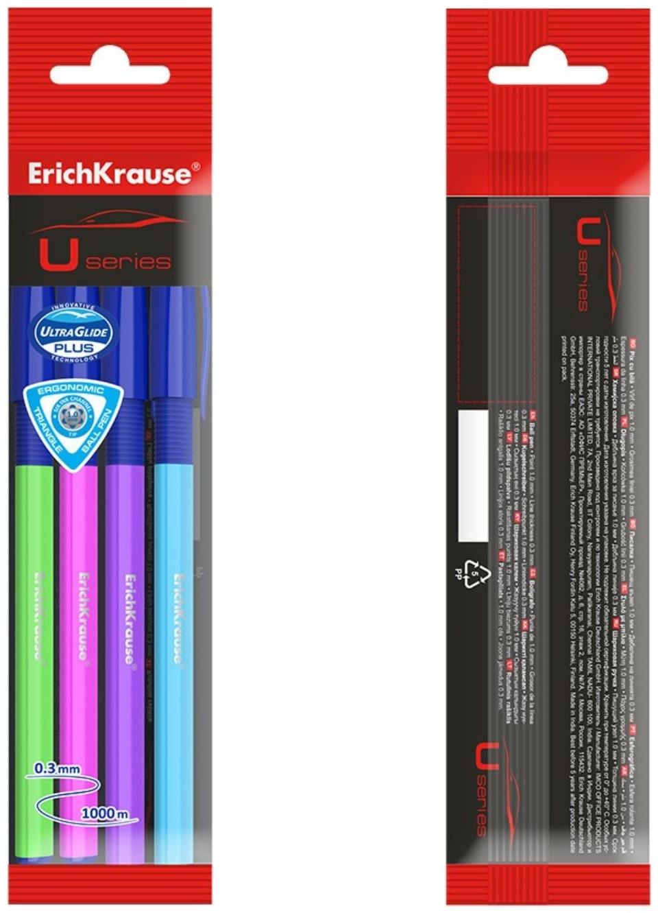 Набор ручек шариковых ErichKrause U-109 Neon Stick&Grip, 4 штуки, игольчатый узел 1.0 мм, цвет чернил синий, супермягкое письмо, резиновый упор, корпус неоновый микс