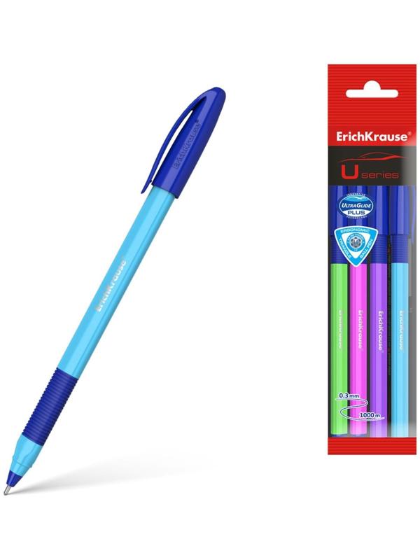 Набор ручек шариковых ErichKrause U-109 Neon Stick&Grip, 4 штуки, игольчатый узел 1.0 мм, цвет чернил синий, супермягкое письмо, резиновый упор, корпус неоновый микс