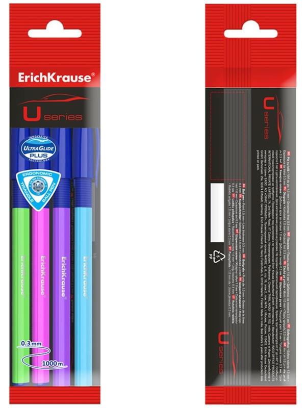 Набор ручек шариковых ErichKrause U-109 Neon Stick&Grip, 4 штуки, игольчатый узел 1.0 мм, цвет чернил синий, супермягкое письмо, резиновый упор, корпус неоновый микс