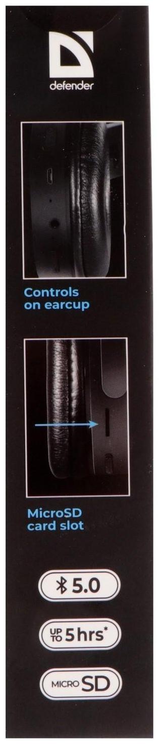Наушники Defender FreeMotion B555, накладные, микрофон, управление, microSD, 150 мАч, черные