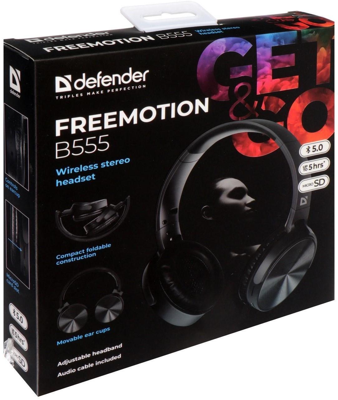 Наушники Defender FreeMotion B555, накладные, микрофон, управление, microSD, 150 мАч, черные