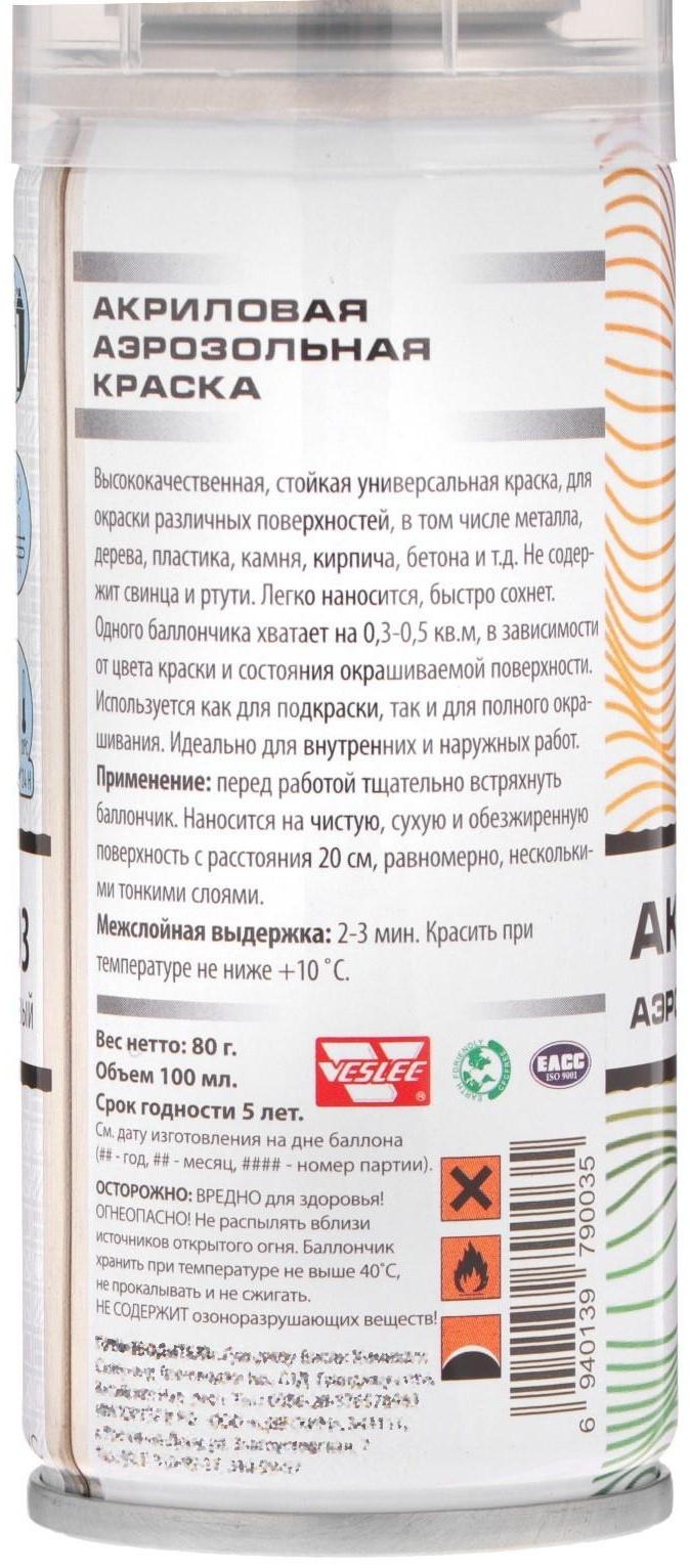 Аэрозольная краска Veslee акриловая, белая глянцевая, RAL 9003, 100 мл