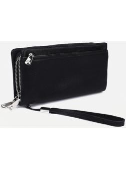 Портмоне на двух молниях, наружный карман, с ручкой, цвет чёрный