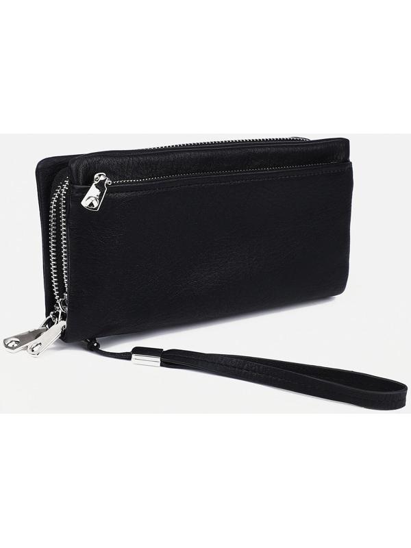 Портмоне на двух молниях, наружный карман, с ручкой, цвет чёрный