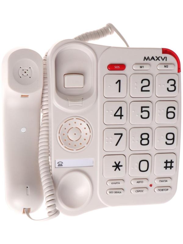 Телефон проводной Maxvi CB-01, SOS, повтор номера, быстрый набор, телефонная книга, белый