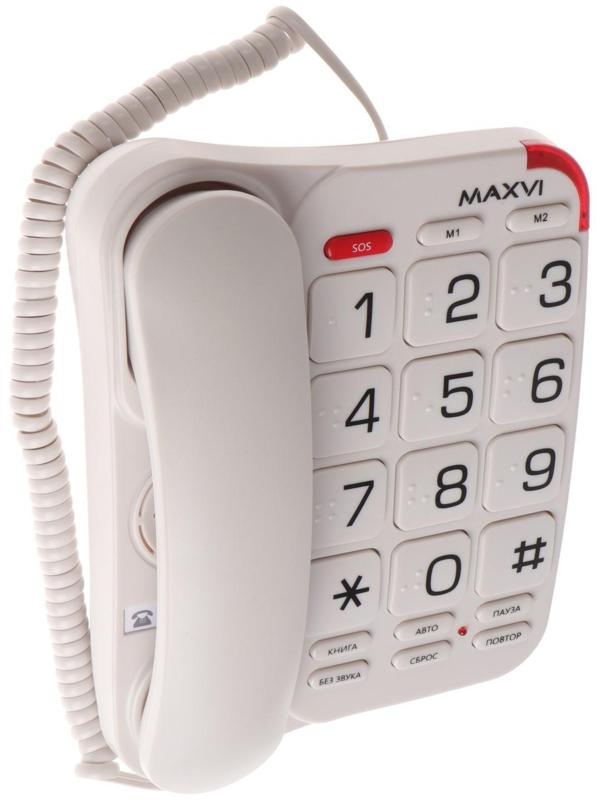 Телефон проводной Maxvi CB-01, SOS, повтор номера, быстрый набор, телефонная книга, белый