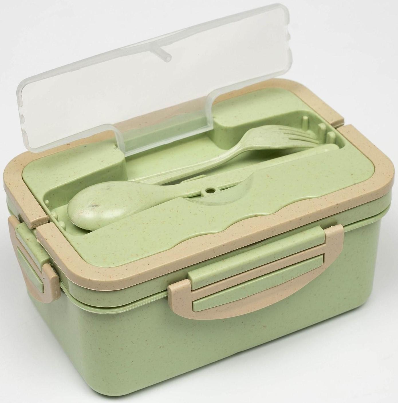 Ланч-бокс, 1.5 л, 3 секции, ложка, вилка, 20 х 13 х 7 см, зеленый