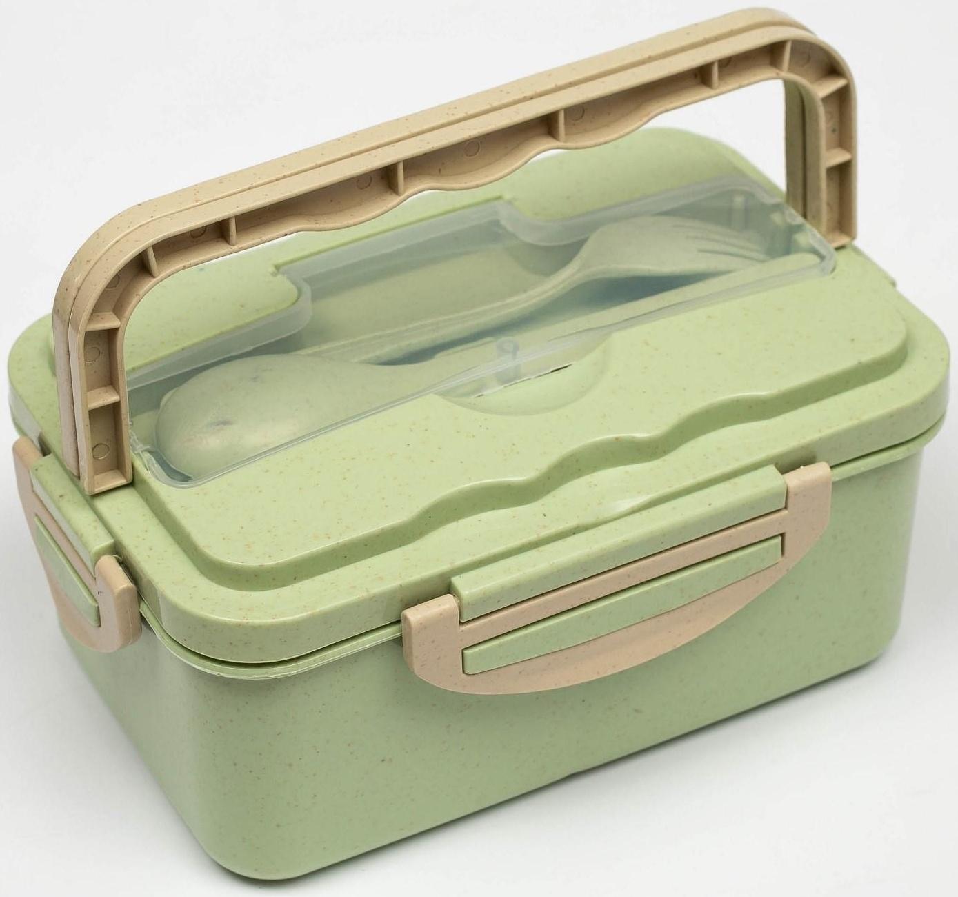 Ланч-бокс, 1.5 л, 3 секции, ложка, вилка, 20 х 13 х 7 см, зеленый