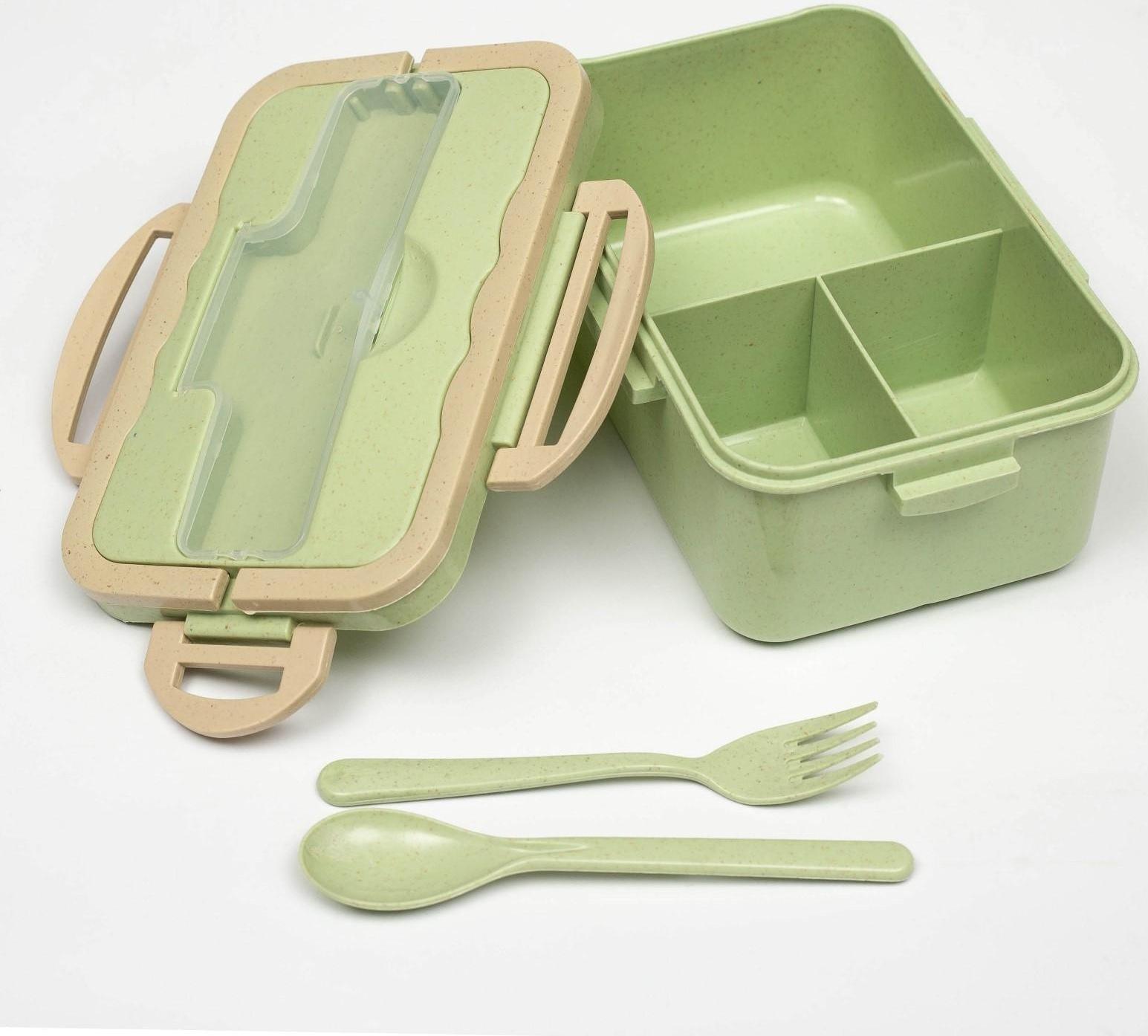 Ланч-бокс, 1.5 л, 3 секции, ложка, вилка, 20 х 13 х 7 см, зеленый