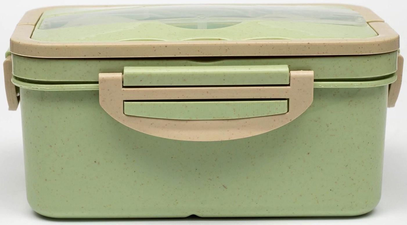 Ланч-бокс, 1.5 л, 3 секции, ложка, вилка, 20 х 13 х 7 см, зеленый