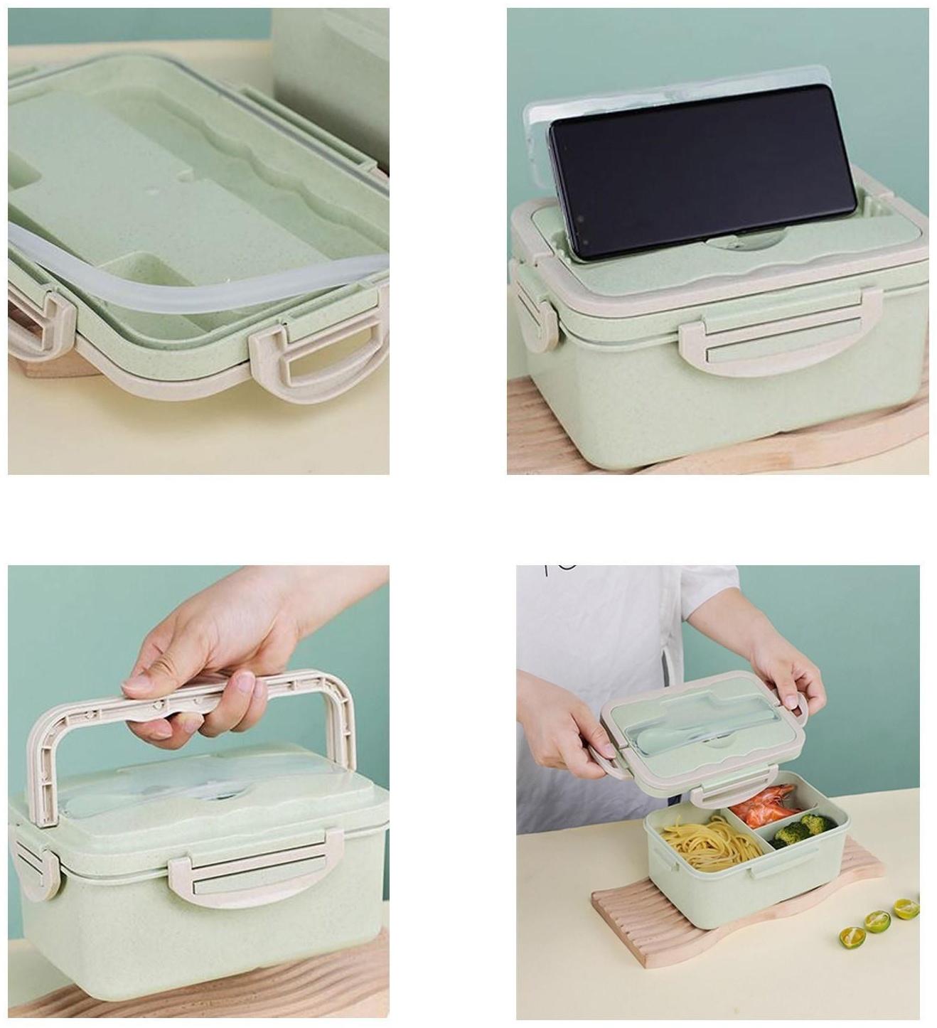 Ланч-бокс, 1.5 л, 3 секции, ложка, вилка, 20 х 13 х 7 см, зеленый