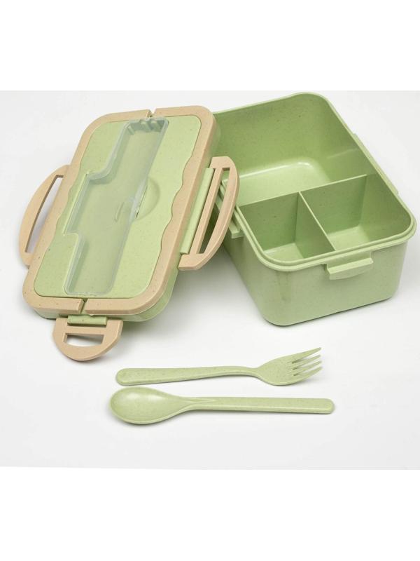 Ланч-бокс, 1.5 л, 3 секции, ложка, вилка, 20 х 13 х 7 см, зеленый