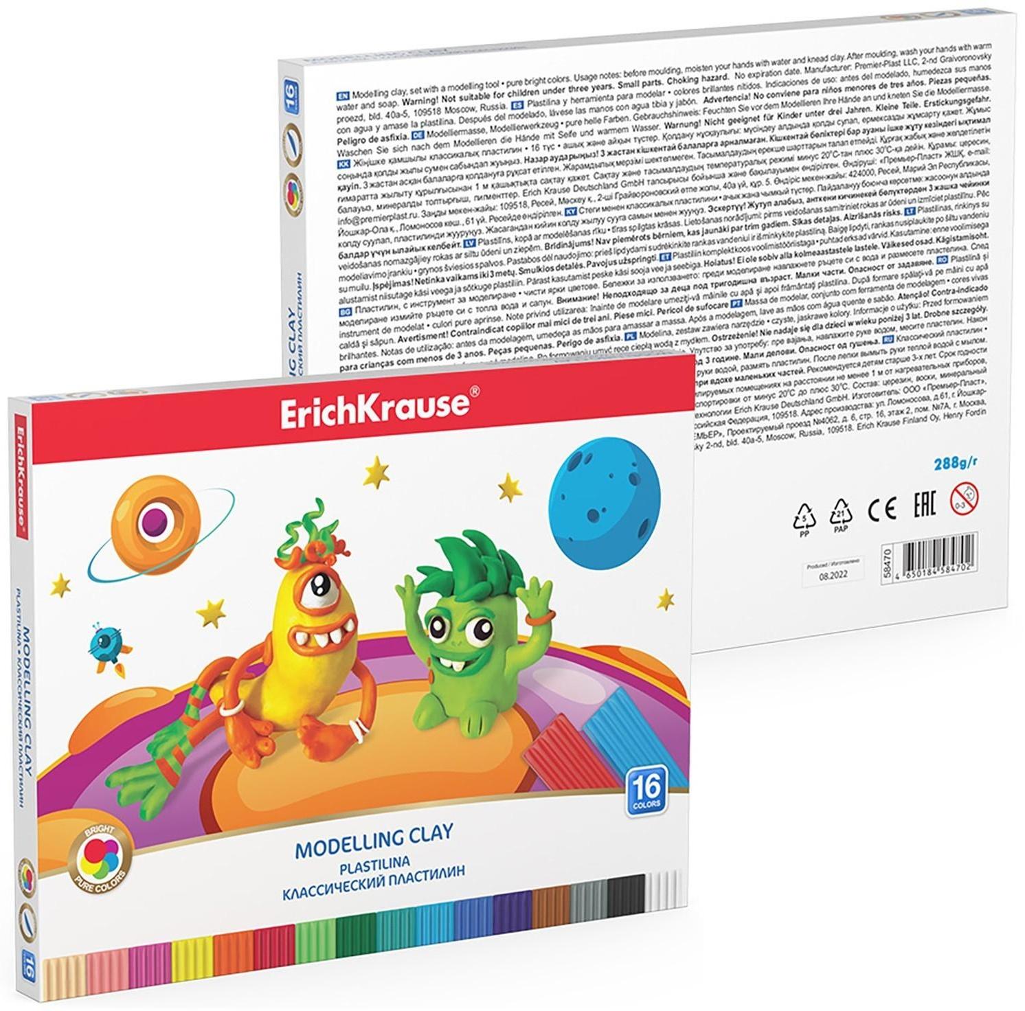 Пластилин 16 цветов, ErichKrause Cosmic Monsters, премиум, со стеком, 288 г