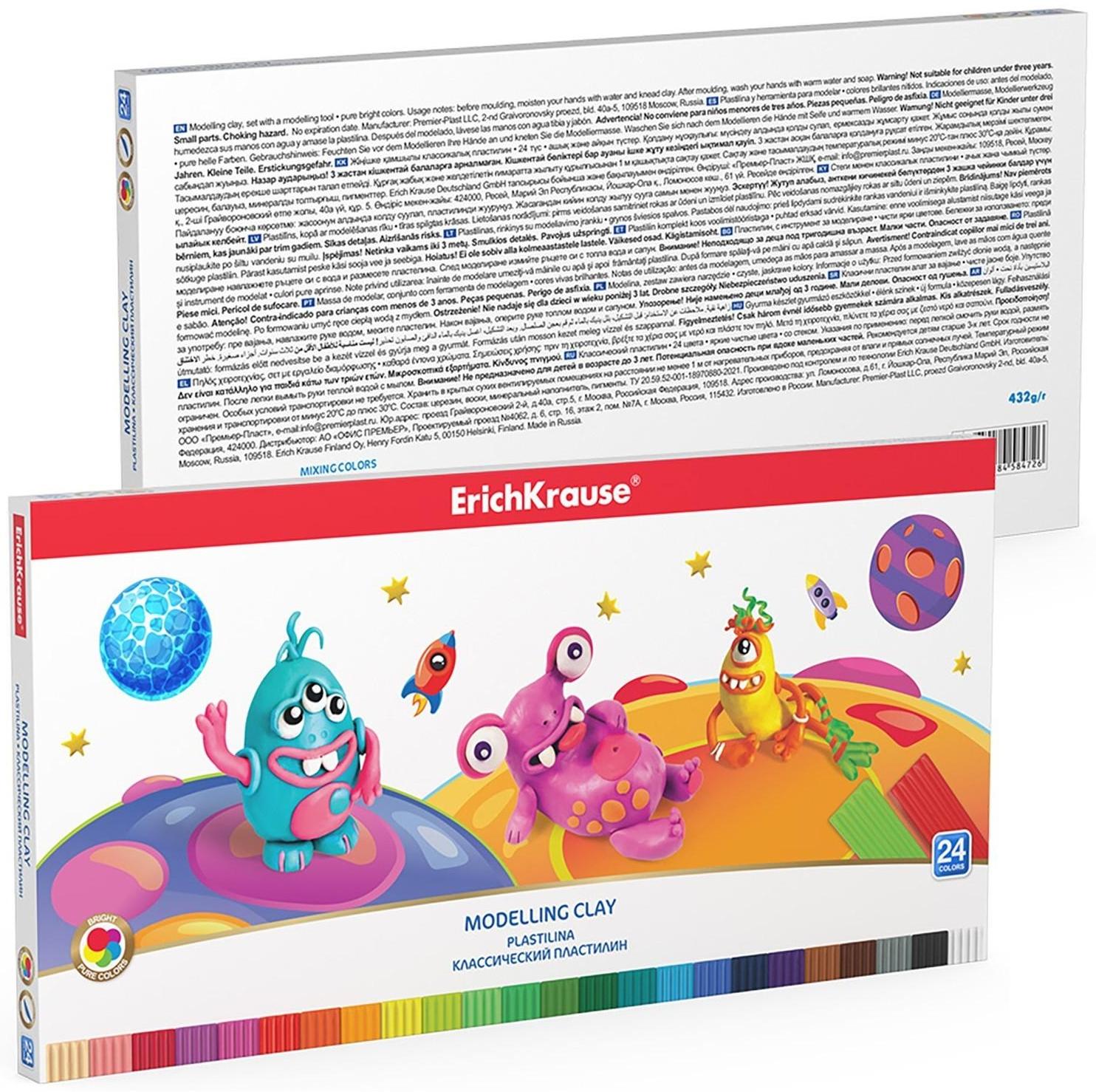 Пластилин 24 цветов, ErichKrause Cosmic Monsters, премиум, со стеком, 432 г