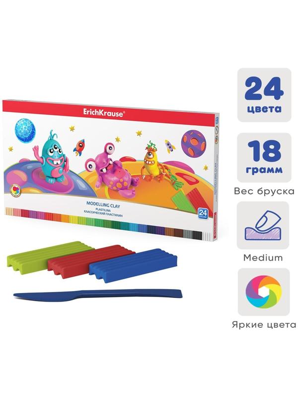 Пластилин 24 цветов, ErichKrause Cosmic Monsters, премиум, со стеком, 432 г