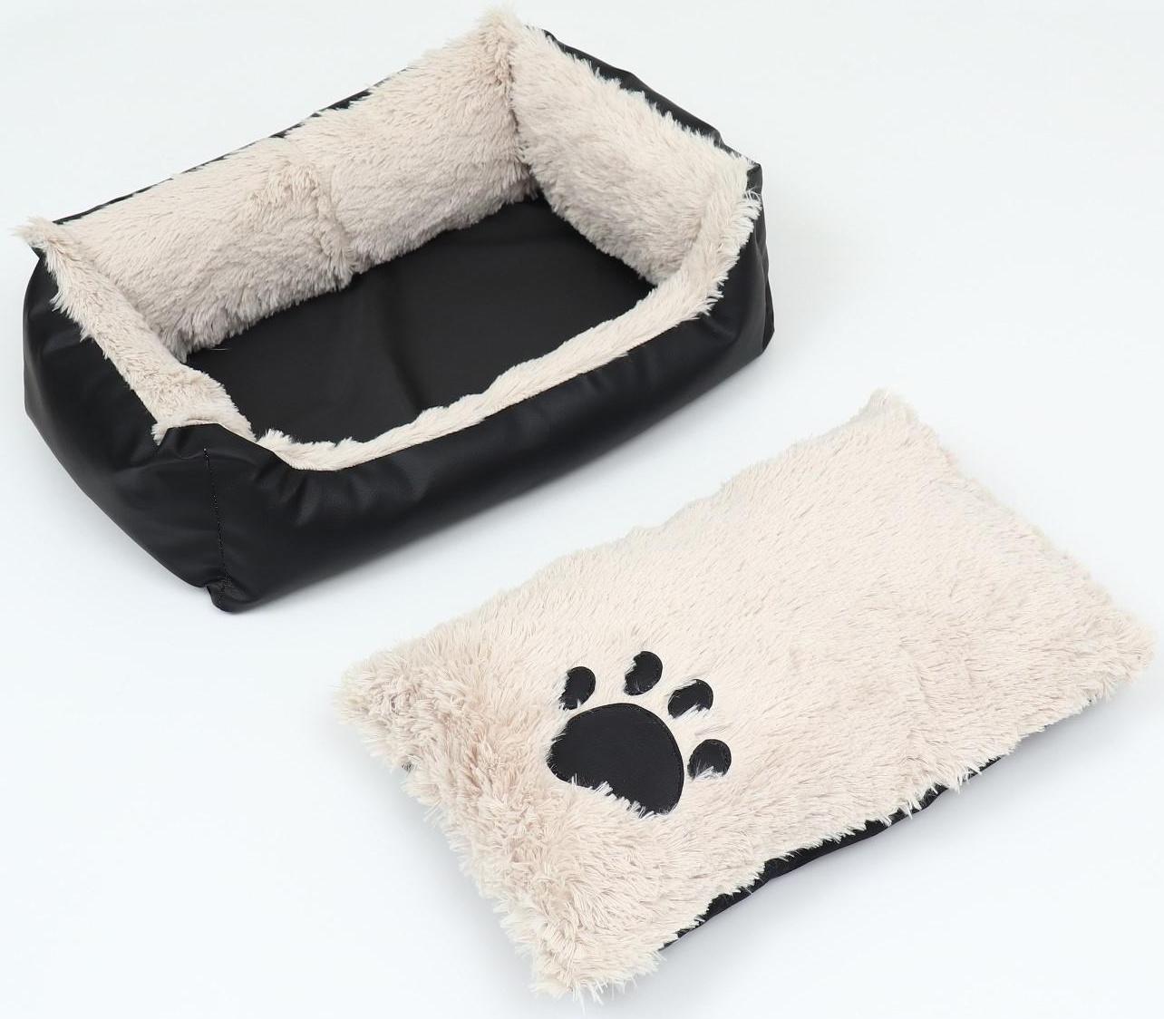 Лежак с подушкой  мех, экокожа,  57 х 41 х 17см,бежевый