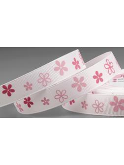 Лента репсовая «Цветочки», 15 мм, 23 ± 1 м, цвет белый/розовый