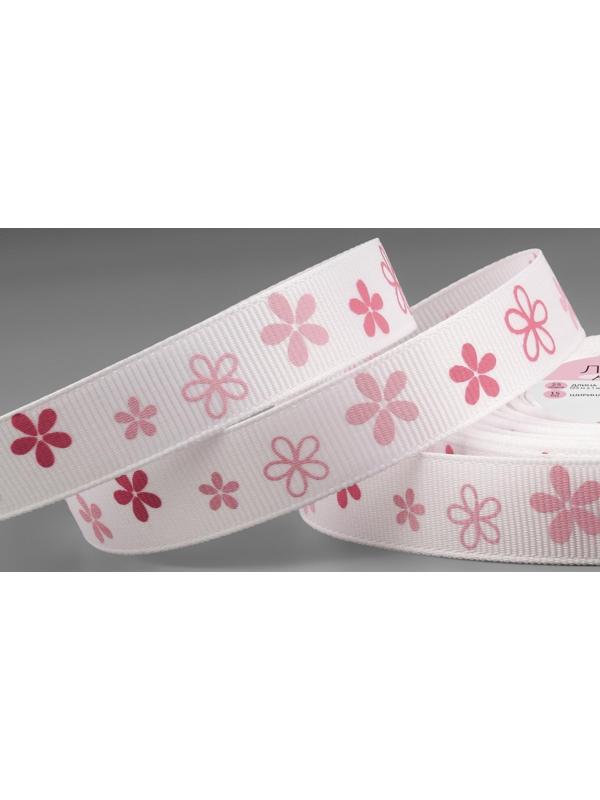 Лента репсовая «Цветочки», 15 мм, 23 ± 1 м, цвет белый/розовый