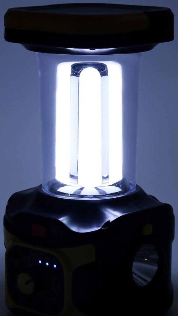 Фонарь кемпинговый аккумуляторный, 20+10 Вт, LED, индикатор заряда, USB, солнечная батарея