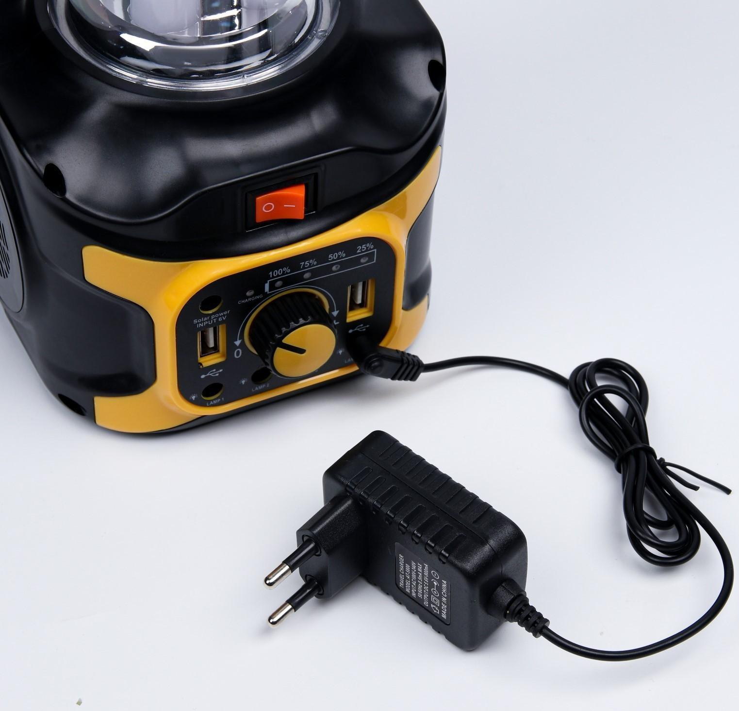 Фонарь кемпинговый аккумуляторный, 20+10 Вт, LED, индикатор заряда, USB, солнечная батарея