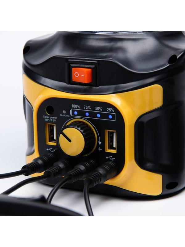 Фонарь кемпинговый аккумуляторный, 20+10 Вт, LED, индикатор заряда, USB, солнечная батарея