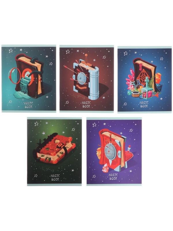 Тетрадь 48 листов в клетку на скрепе, Magic book, мелованный картон, глиттер лак, блок белый офсет 60г/м2 / Микс 1 шт.