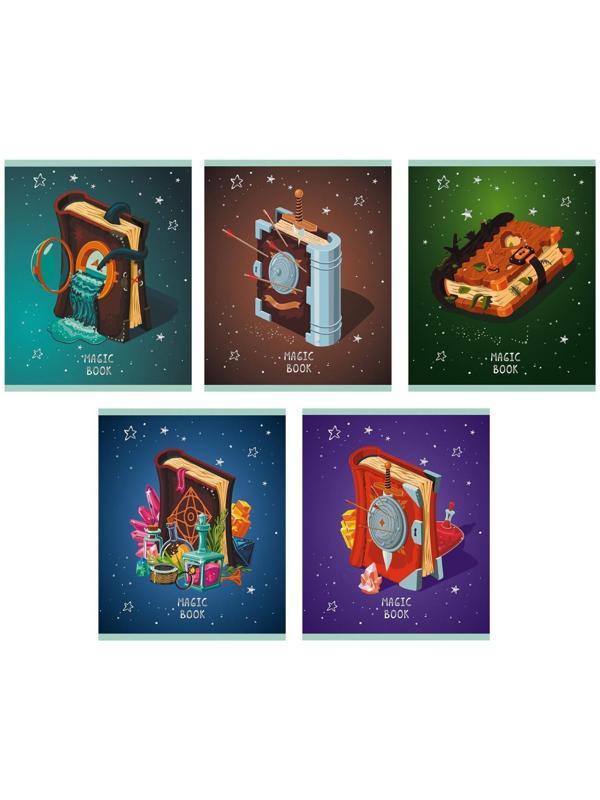 Тетрадь 48 листов в клетку на скрепе, Magic book, мелованный картон, глиттер лак, блок белый офсет 60г/м2 / Микс 1 шт.