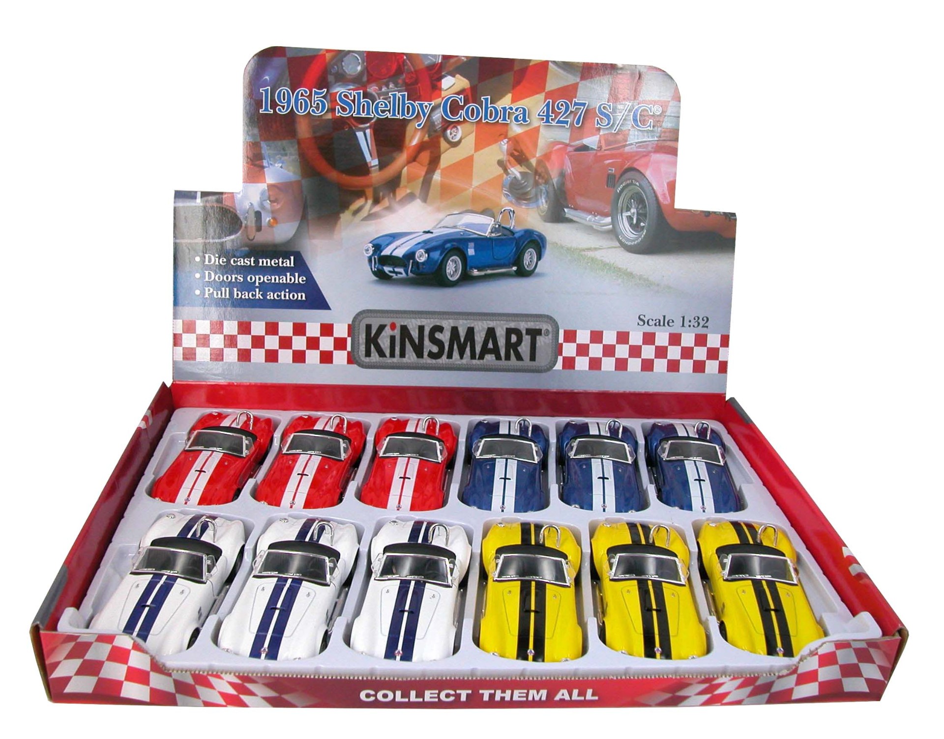 Машинка металлическая Kinsmart 1:32 «1965 Shelby Cobra 427 S/C» KT5322D инерционная / Желтый