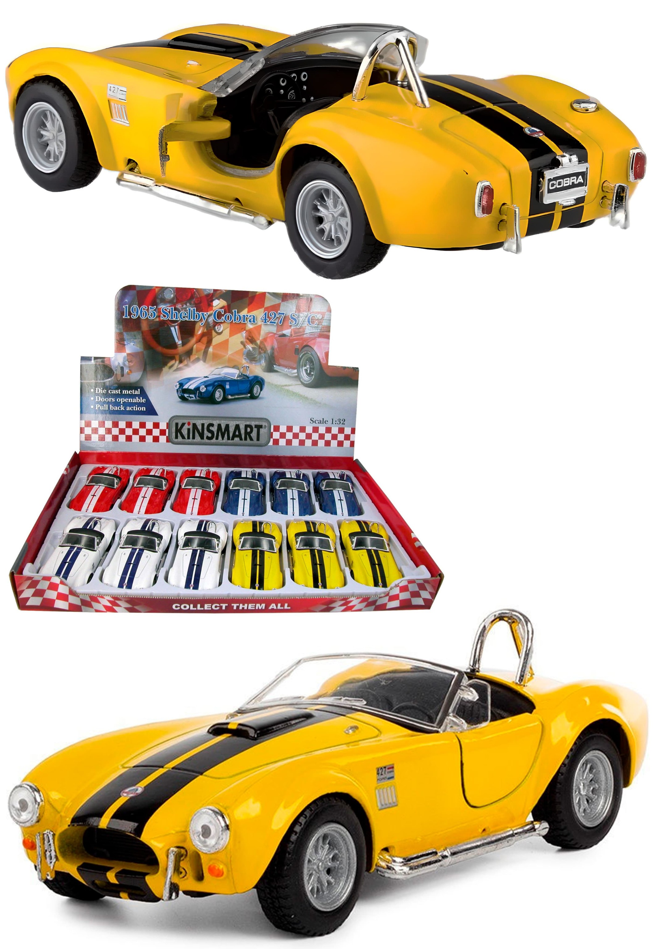 Машинка металлическая Kinsmart 1:32 «1965 Shelby Cobra 427 S/C» KT5322D инерционная / Желтый