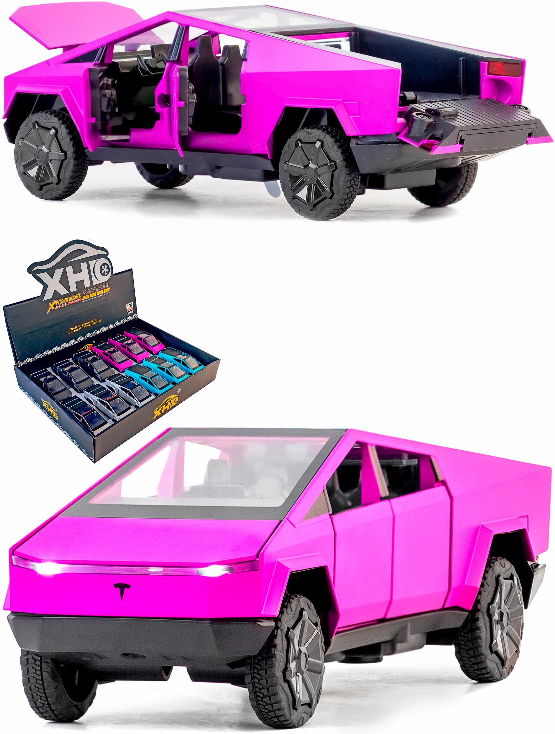 Металлическая машинка XHD 1:32 «Tesla Cybertruck» B3216, 16 см., инерционная, свет, звук / Розовый