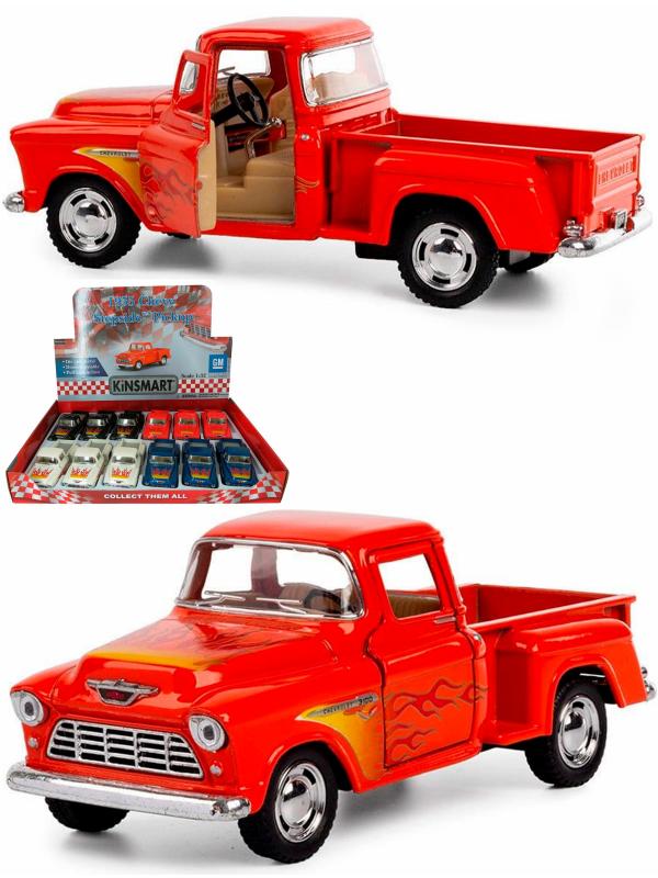 Металлическая машинка Kinsmart 1:32 «1955 Chevy Stepside Pick-up (С принтом)» KT5330DF, инерционная / Оранжевый