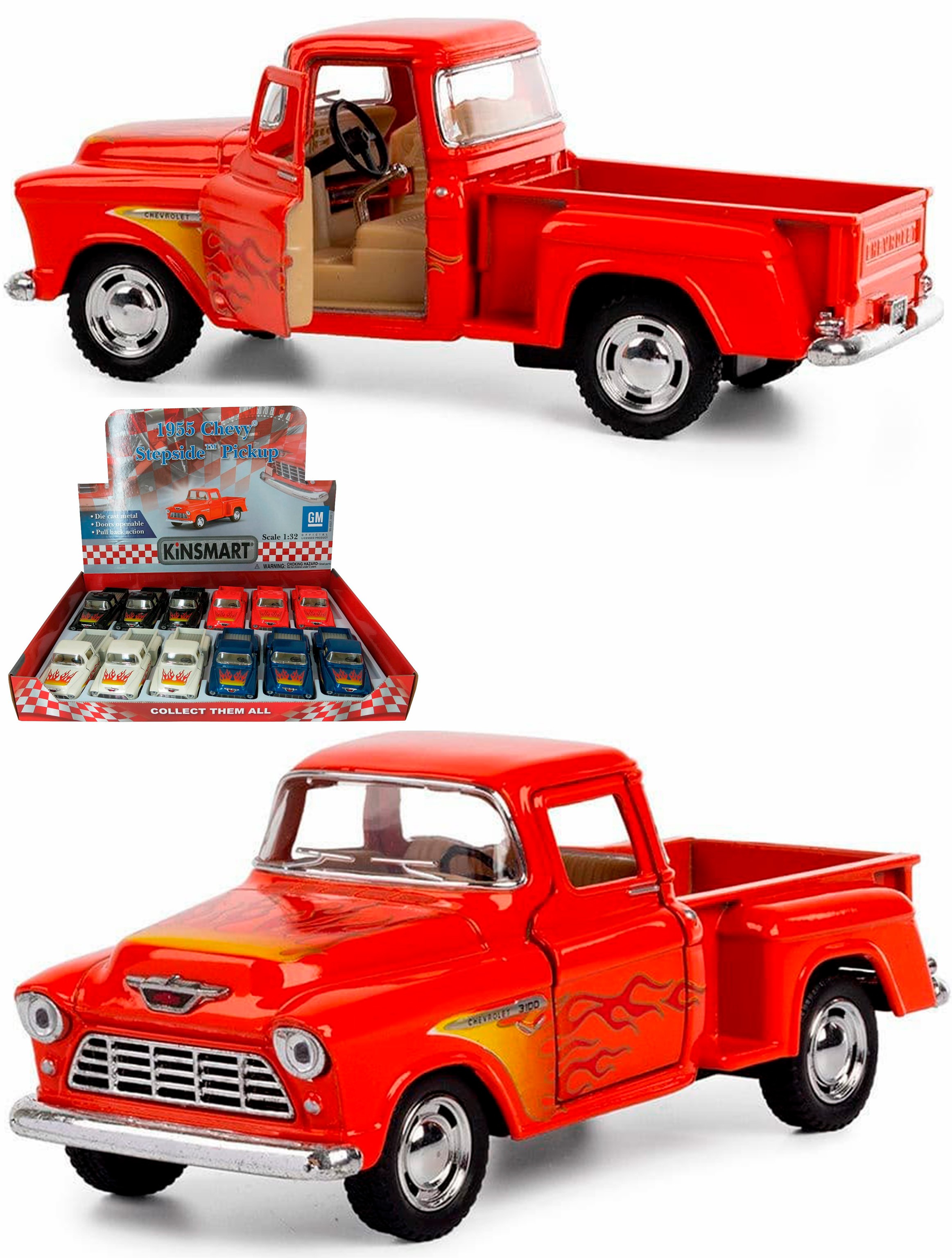 Металлическая машинка Kinsmart 1:32 «1955 Chevy Stepside Pick-up (С принтом)» KT5330DF, инерционная / Оранжевый