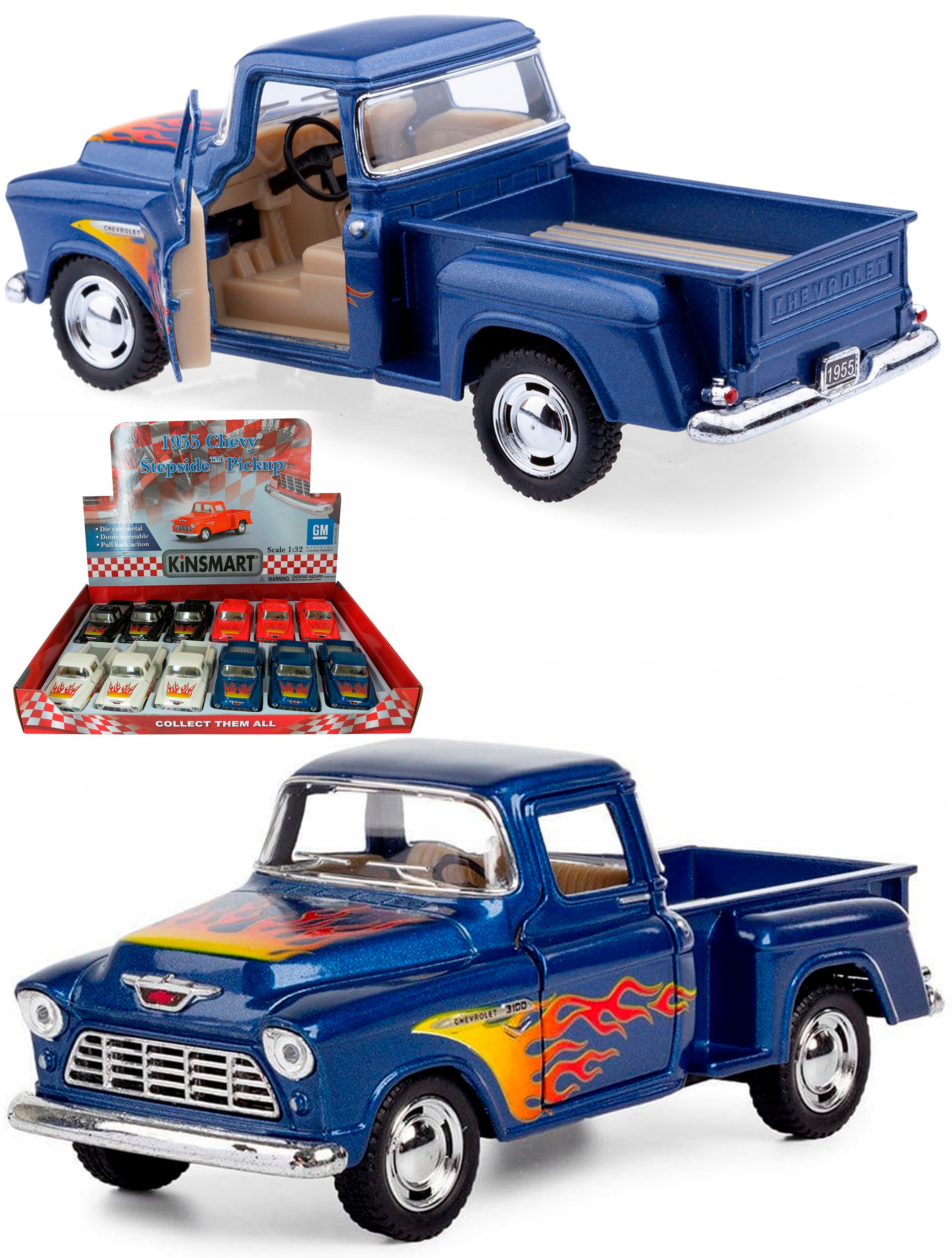 Металлическая машинка Kinsmart 1:32 «1955 Chevy Stepside Pick-up (С принтом)» KT5330DF, инерционная / Синий