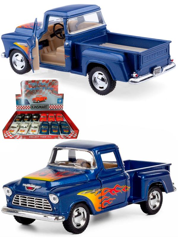 Металлическая машинка Kinsmart 1:32 «1955 Chevy Stepside Pick-up (С принтом)» KT5330DF, инерционная / Синий