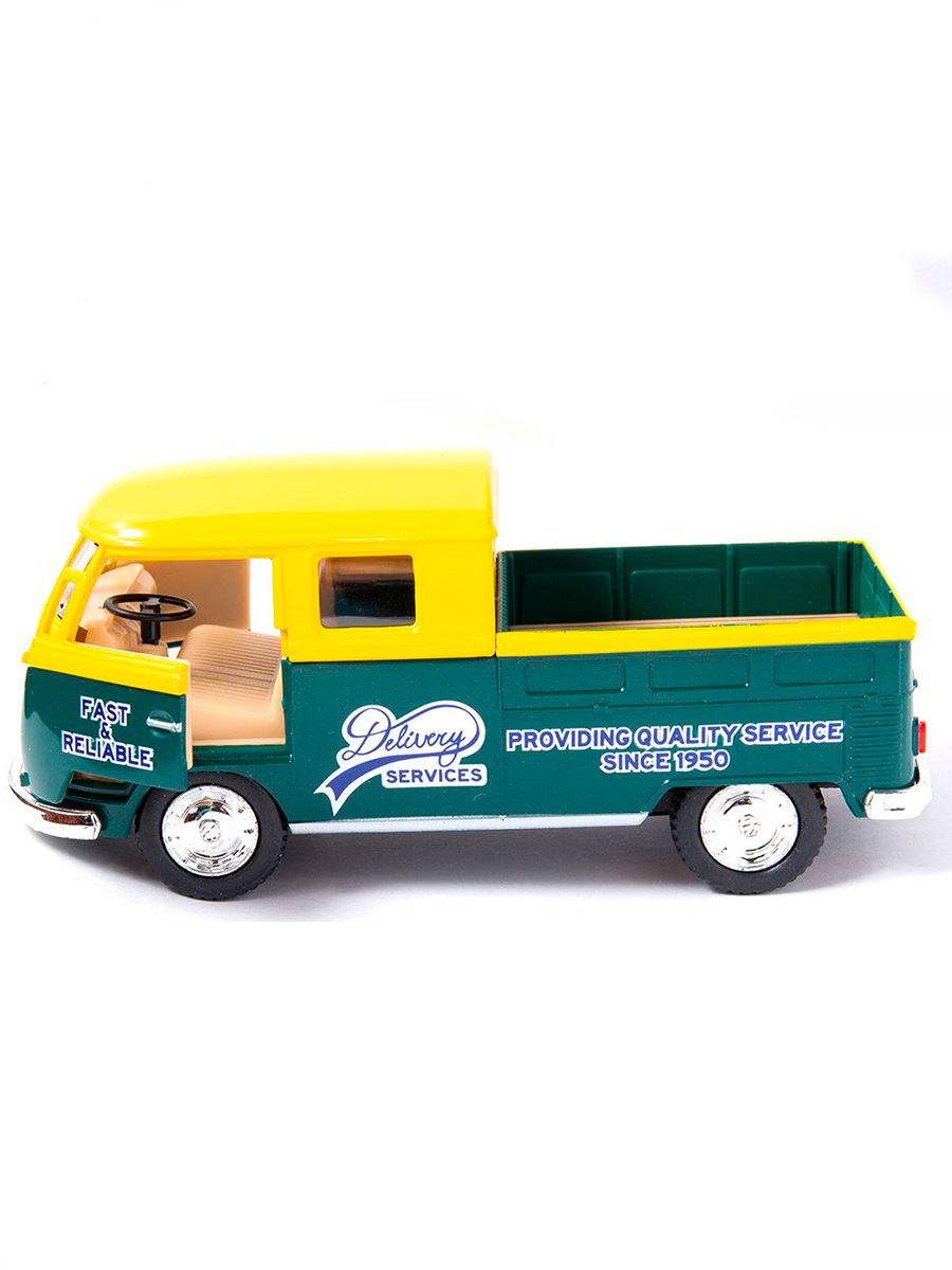 Металлическая машинка Kinsmart 1:34 «1963 Volkswagen Bus Double Cab Pickup (Delivery)» KT5396D инерционная / Желтый