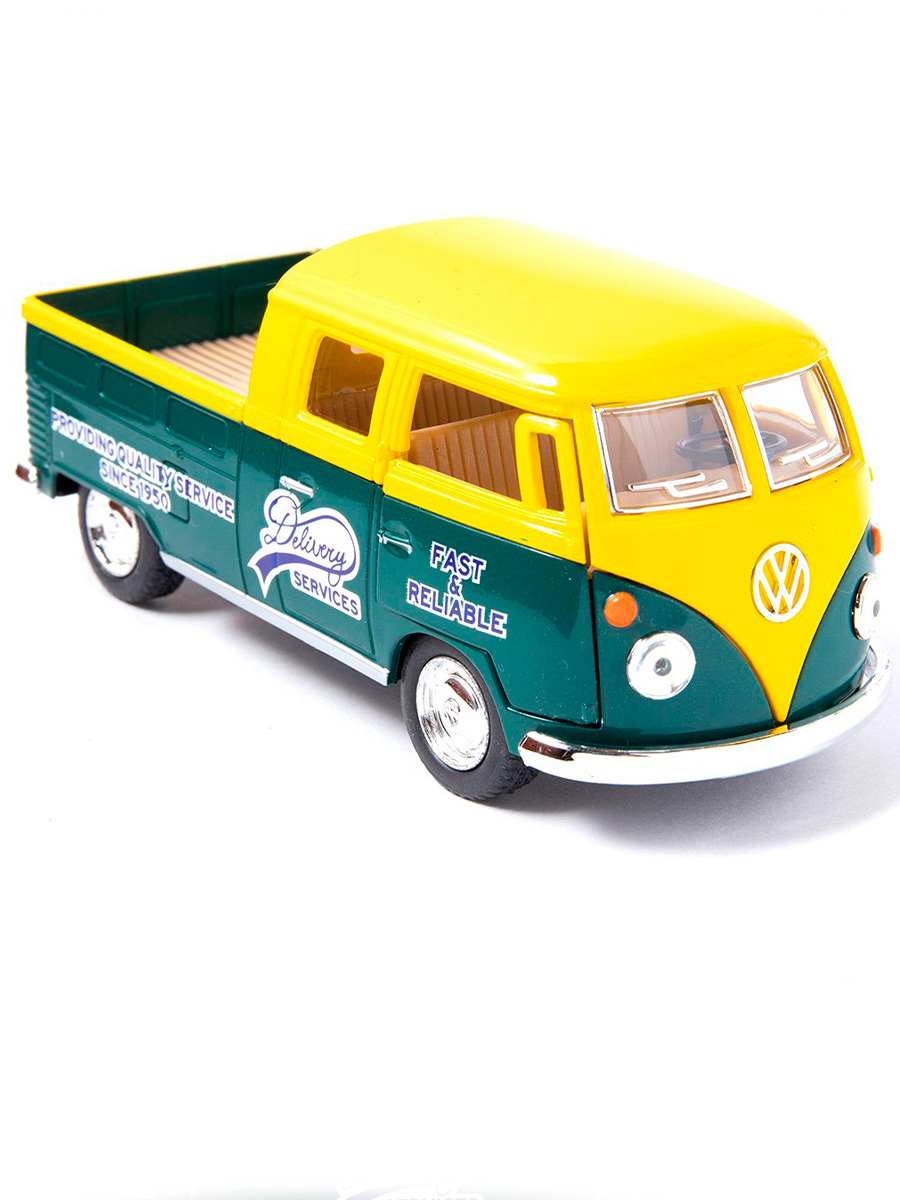Металлическая машинка Kinsmart 1:34 «1963 Volkswagen Bus Double Cab Pickup (Delivery)» KT5396D инерционная / Желтый