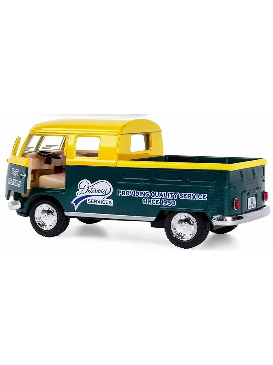 Металлическая машинка Kinsmart 1:34 «1963 Volkswagen Bus Double Cab Pickup (Delivery)» KT5396D инерционная / Желтый