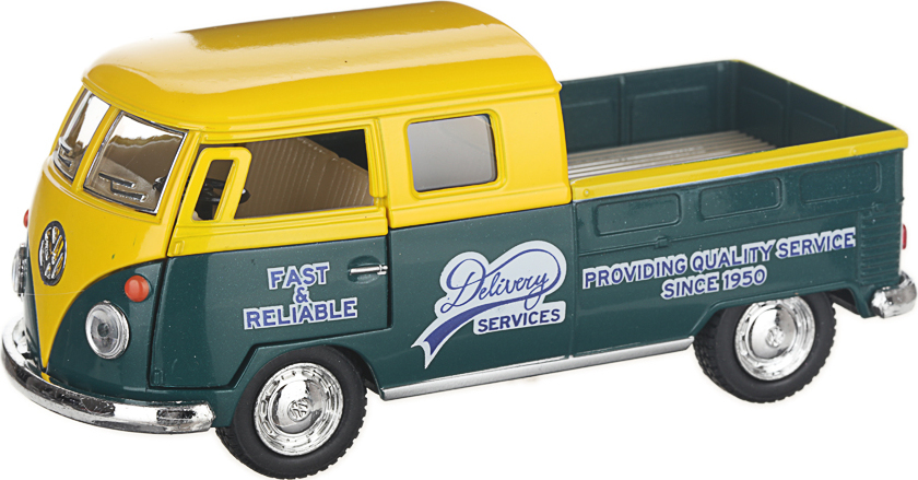 Металлическая машинка Kinsmart 1:34 «1963 Volkswagen Bus Double Cab Pickup (Delivery)» KT5396D инерционная / Желтый