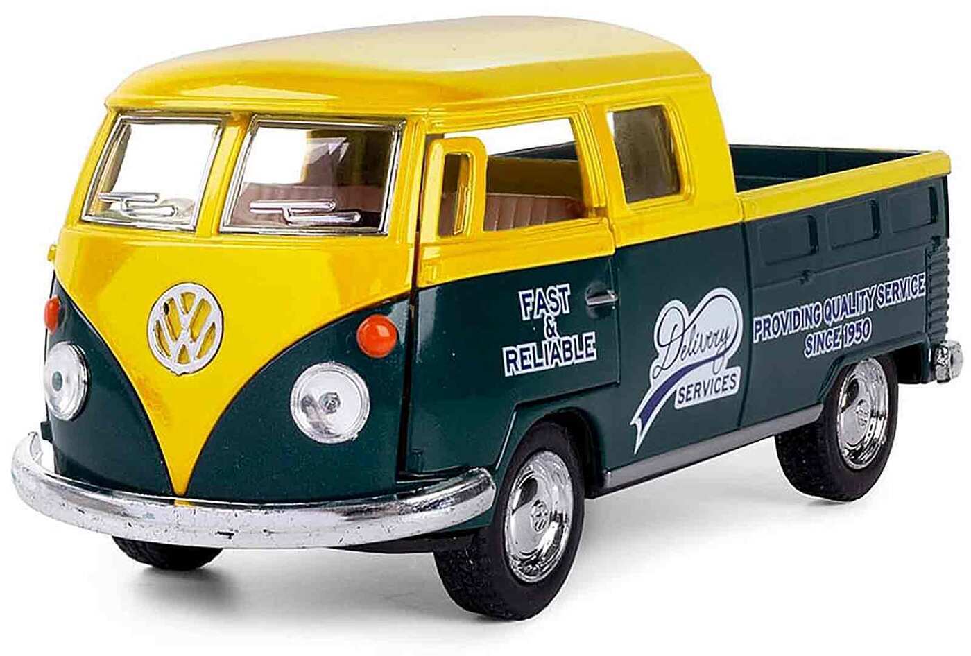 Металлическая машинка Kinsmart 1:34 «1963 Volkswagen Bus Double Cab Pickup (Delivery)» KT5396D инерционная / Желтый