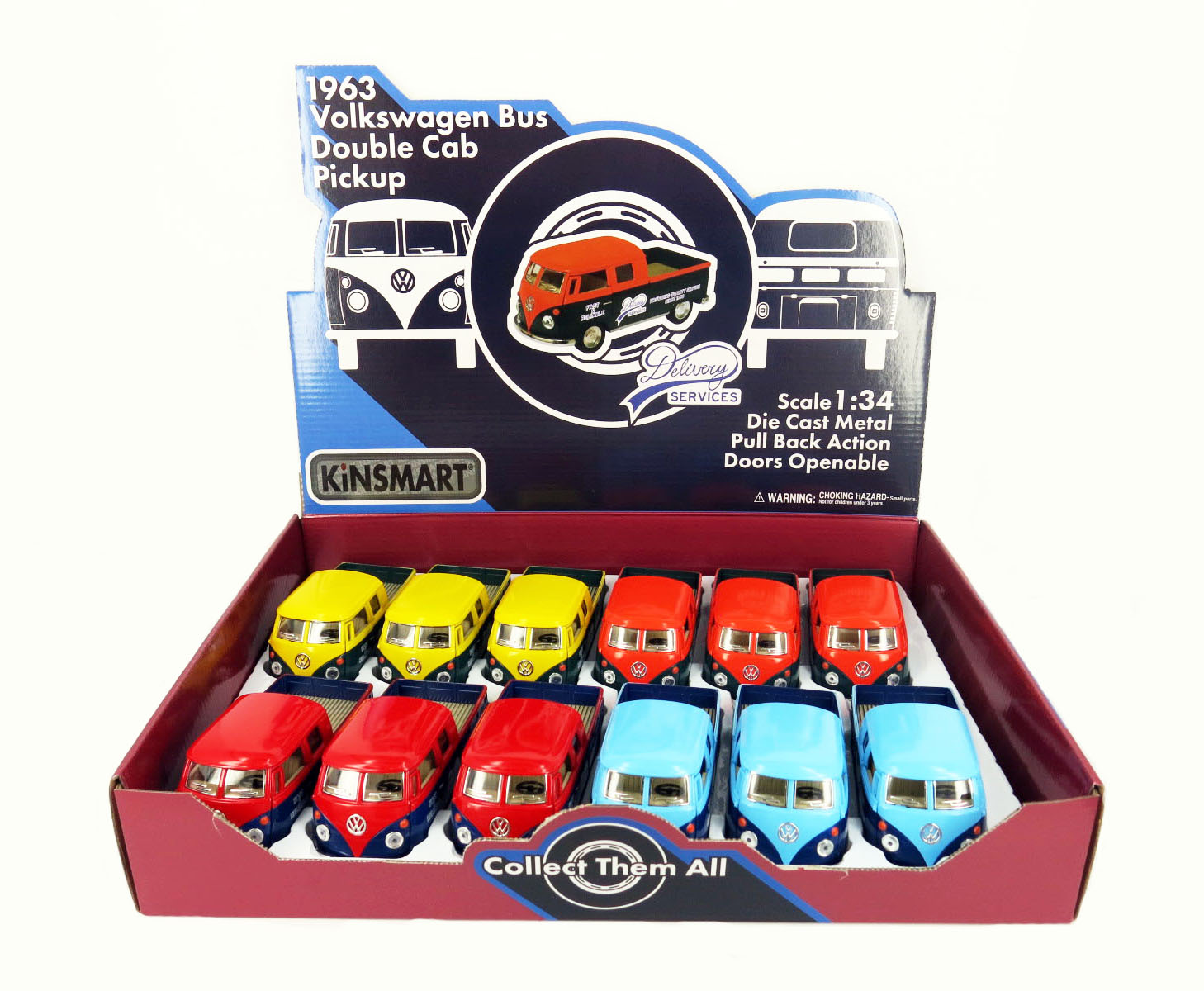Металлическая машинка Kinsmart 1:34 «1963 Volkswagen Bus Double Cab Pickup (Delivery)» KT5396D инерционная / Желтый