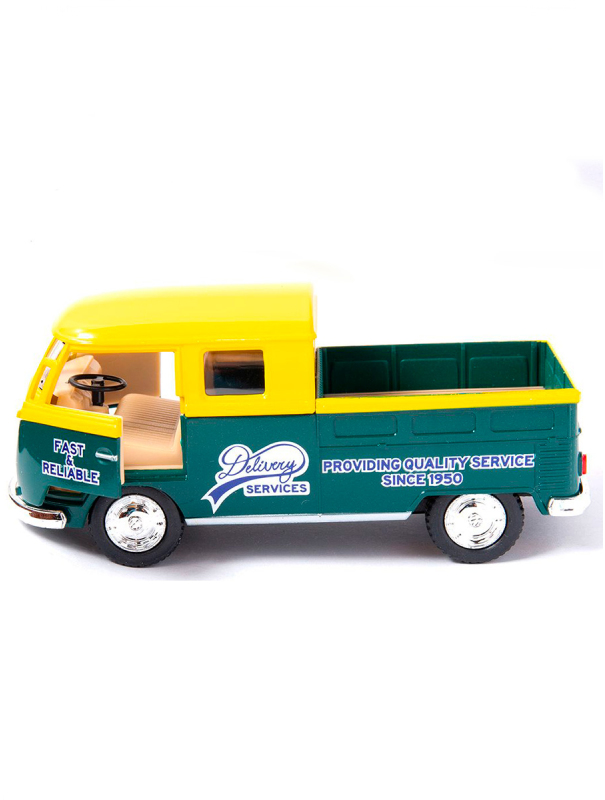 Металлическая машинка Kinsmart 1:34 «1963 Volkswagen Bus Double Cab Pickup (Delivery)» KT5396D инерционная / Желтый