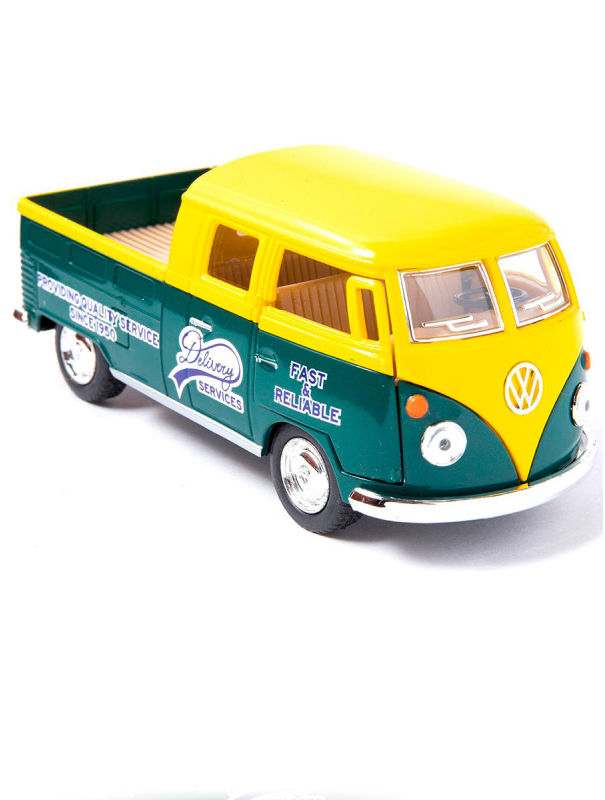 Металлическая машинка Kinsmart 1:34 «1963 Volkswagen Bus Double Cab Pickup (Delivery)» KT5396D инерционная / Желтый