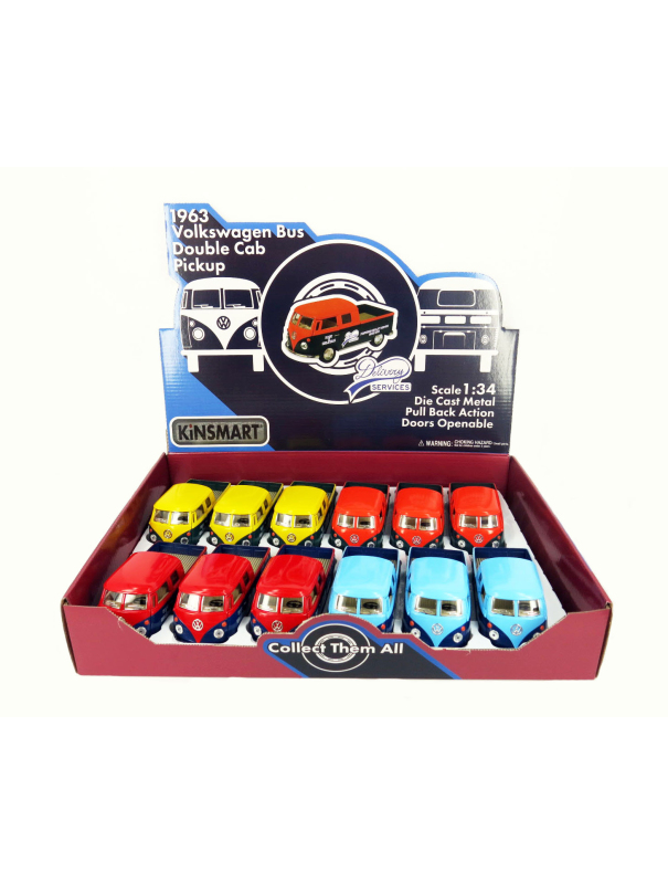 Металлическая машинка Kinsmart 1:34 «1963 Volkswagen Bus Double Cab Pickup (Delivery)» KT5396D инерционная / Желтый