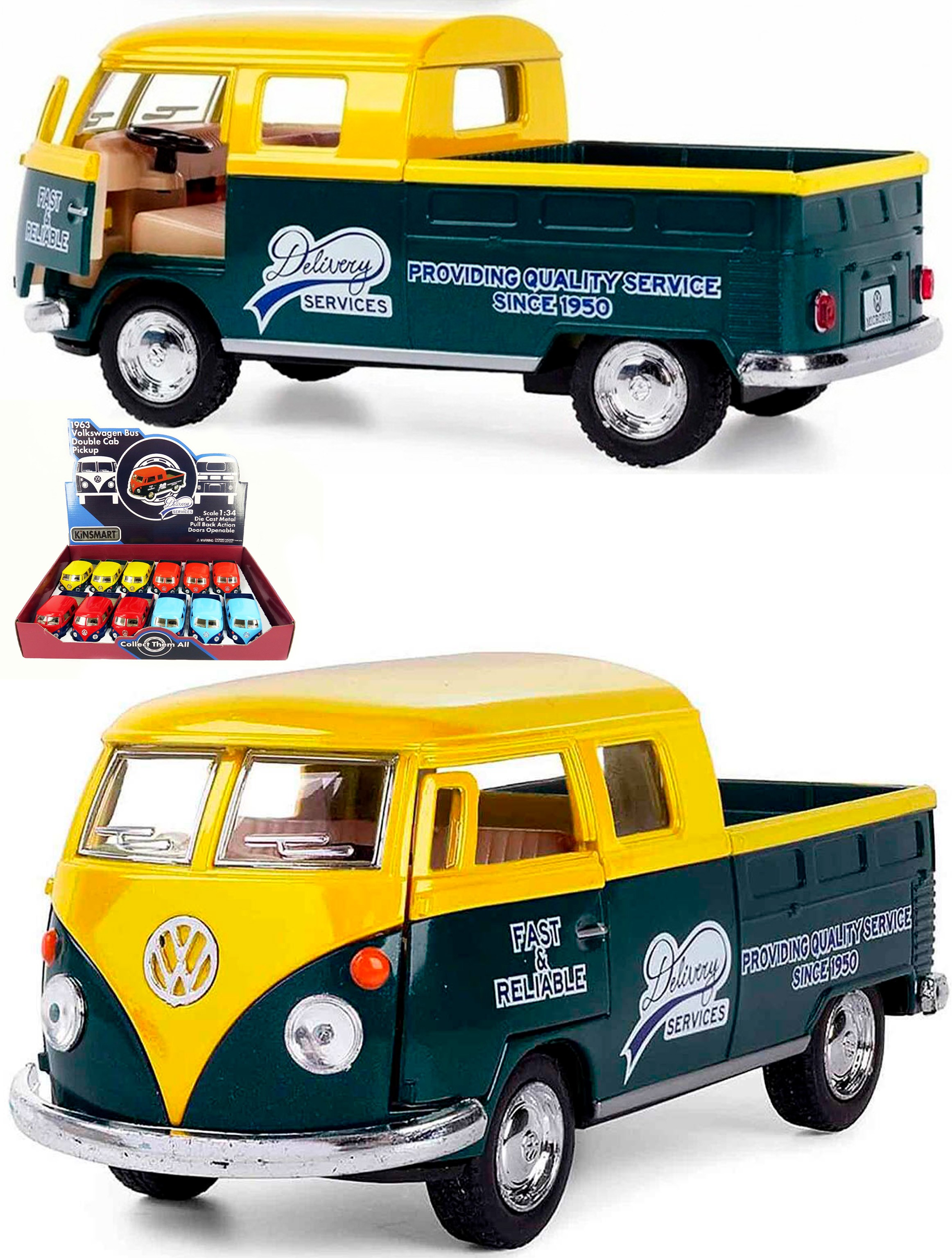 Металлическая машинка Kinsmart 1:34 «1963 Volkswagen Bus Double Cab Pickup (Delivery)» KT5396D инерционная / Желтый