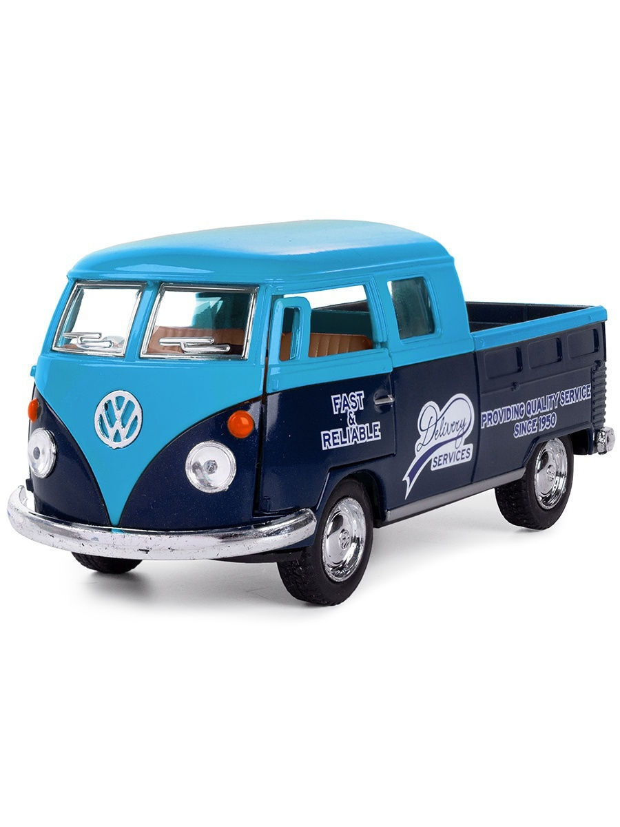 Металлическая машинка Kinsmart 1:34 «1963 Volkswagen Bus Double Cab Pickup (Delivery)» KT5396D инерционная / Голубой