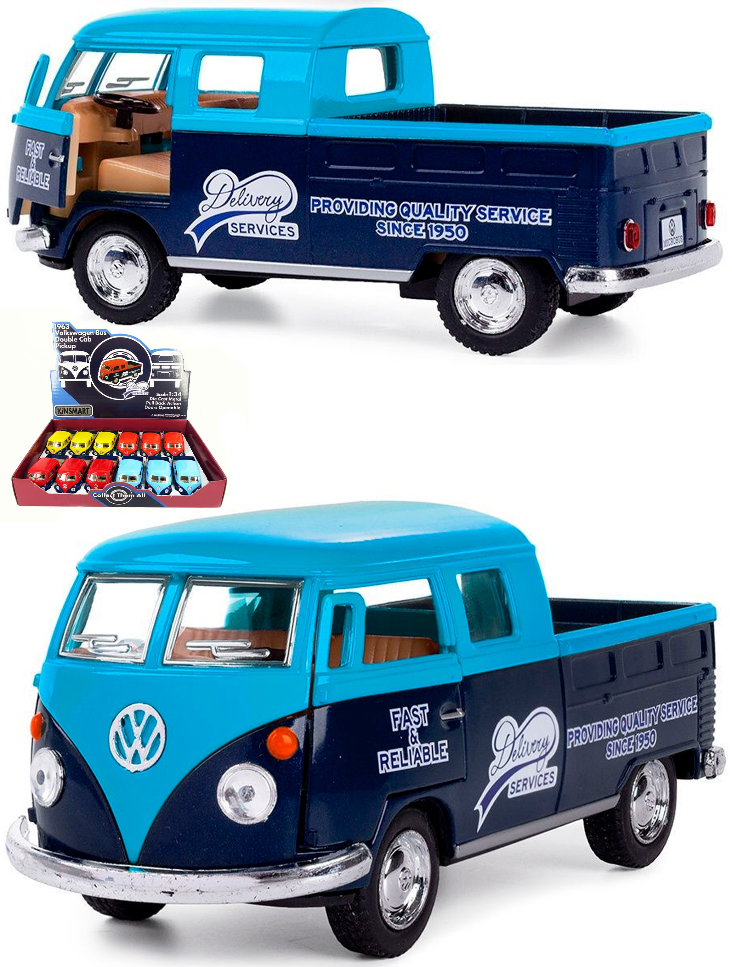 Металлическая машинка Kinsmart 1:34 «1963 Volkswagen Bus Double Cab Pickup (Delivery)» KT5396D инерционная / Голубой