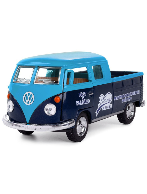 Металлическая машинка Kinsmart 1:34 «1963 Volkswagen Bus Double Cab Pickup (Delivery)» KT5396D инерционная / Голубой