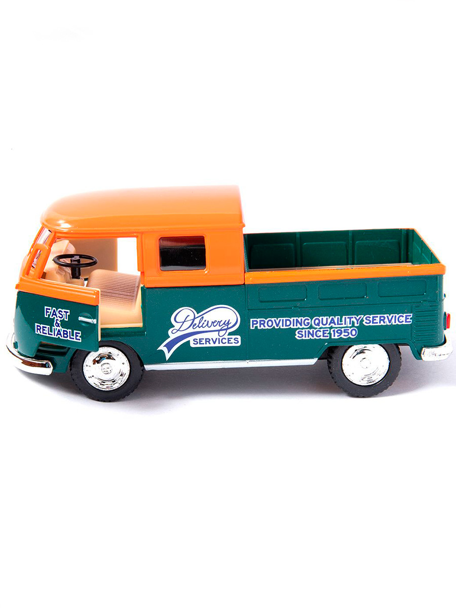 Металлическая машинка Kinsmart 1:34 «1963 Volkswagen Bus Double Cab Pickup (Delivery)» KT5396D инерционная / Оранжевый