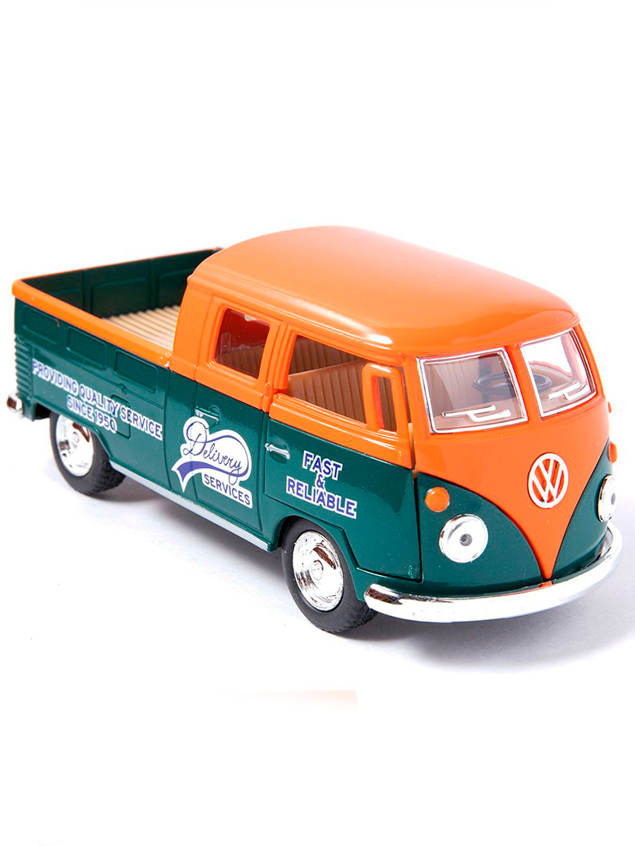 Металлическая машинка Kinsmart 1:34 «1963 Volkswagen Bus Double Cab Pickup (Delivery)» KT5396D инерционная / Оранжевый